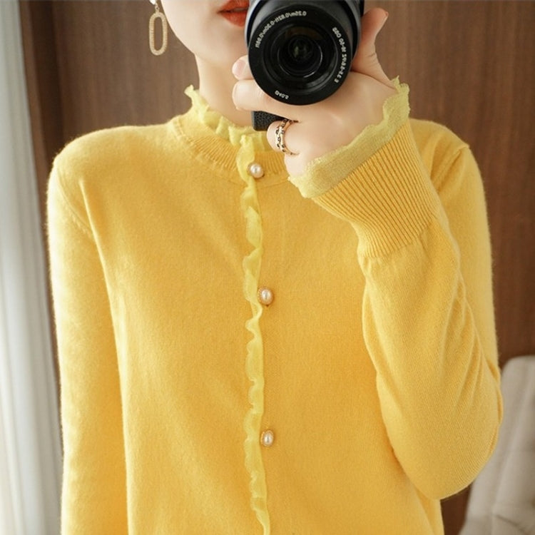Pearl Button Crew Neck Lace Trim Cardigan Sweater