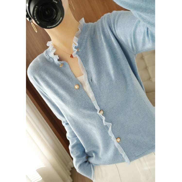 Pearl Button Crew Neck Lace Trim Cardigan Sweater