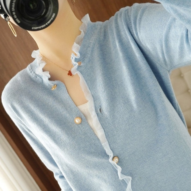 Pearl Button Crew Neck Lace Trim Cardigan Sweater