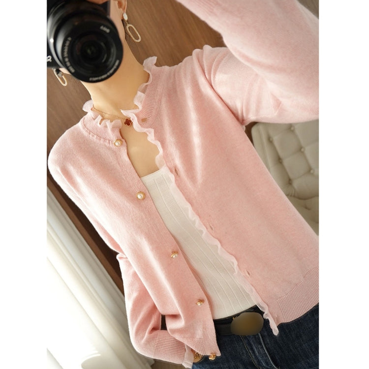 Pearl Button Crew Neck Lace Trim Cardigan Sweater