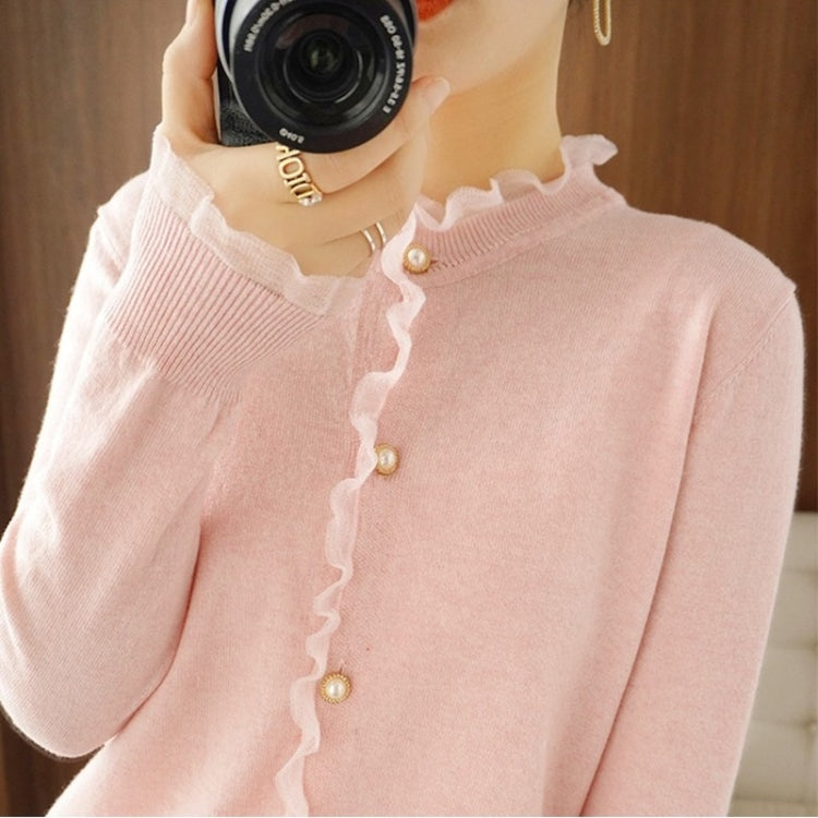 Pearl Button Crew Neck Lace Trim Cardigan Sweater