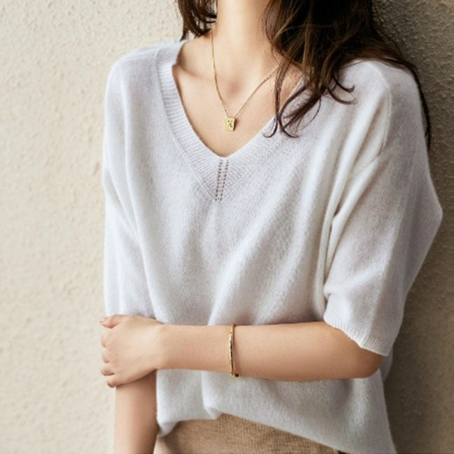 V-neck Cardigan Half-sleeve Sweater Knitted T-shirt