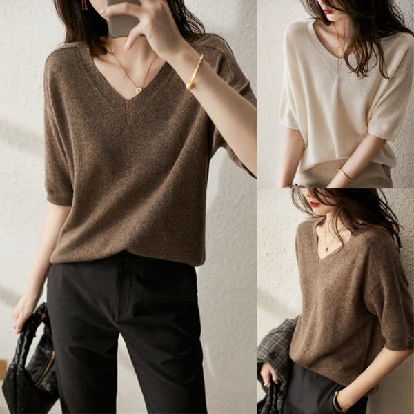 V-neck Cardigan Half-sleeve Sweater Knitted T-shirt