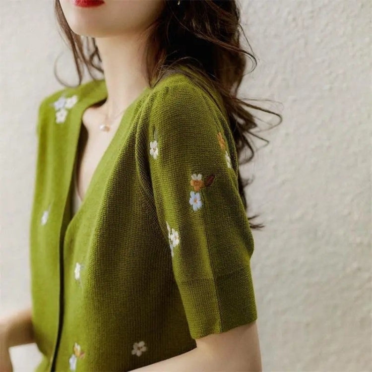 Embroidered Short Sleeve Knit T-Shirt (As Show)