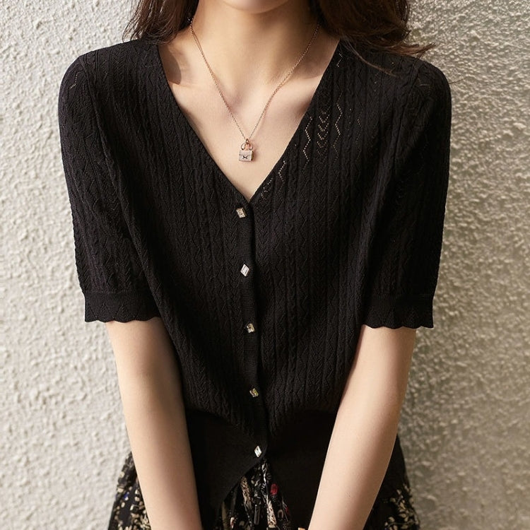 V-Neck Cutout Short Sleeve Ice Silk Knit T-Shirt