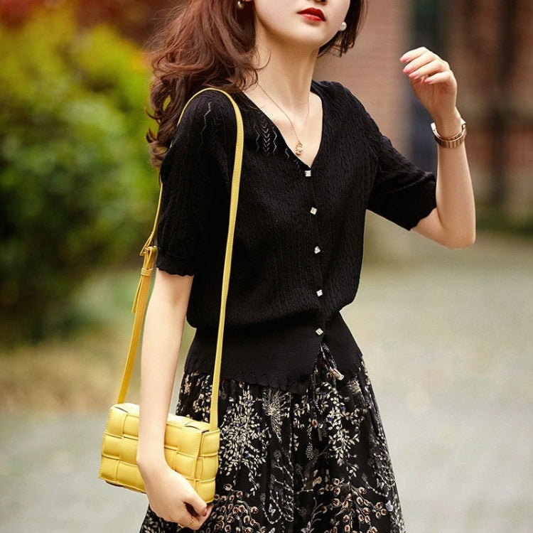 V-Neck Cutout Short Sleeve Ice Silk Knit T-Shirt