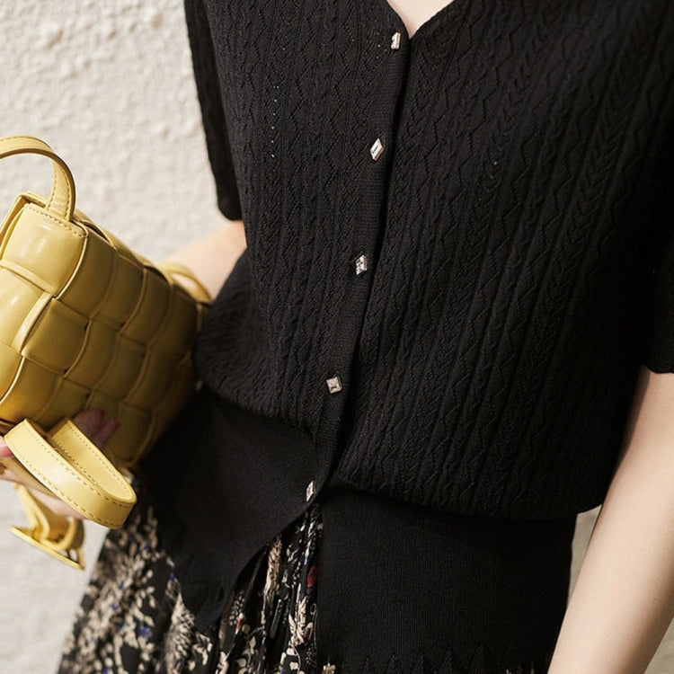 V-Neck Cutout Short Sleeve Ice Silk Knit T-Shirt
