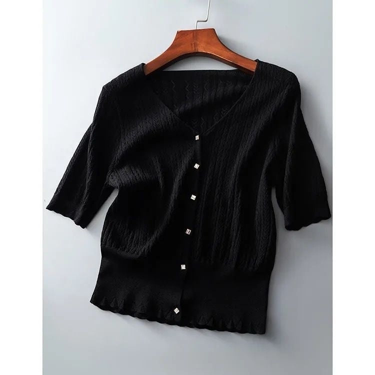 V-Neck Cutout Short Sleeve Ice Silk Knit T-Shirt