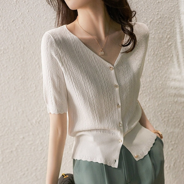 V-Neck Cutout Short Sleeve Ice Silk Knit T-Shirt