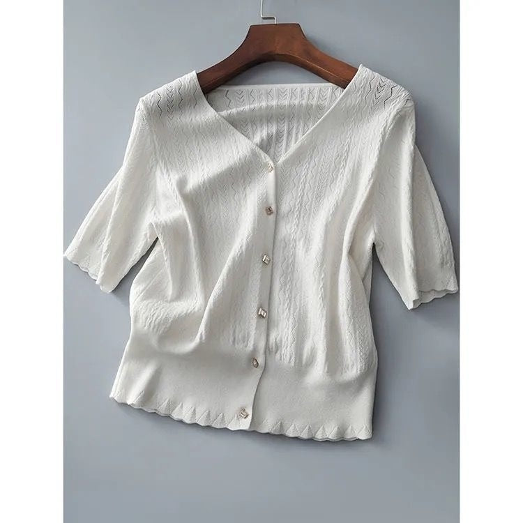 V-Neck Cutout Short Sleeve Ice Silk Knit T-Shirt