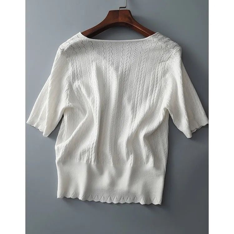 V-Neck Cutout Short Sleeve Ice Silk Knit T-Shirt