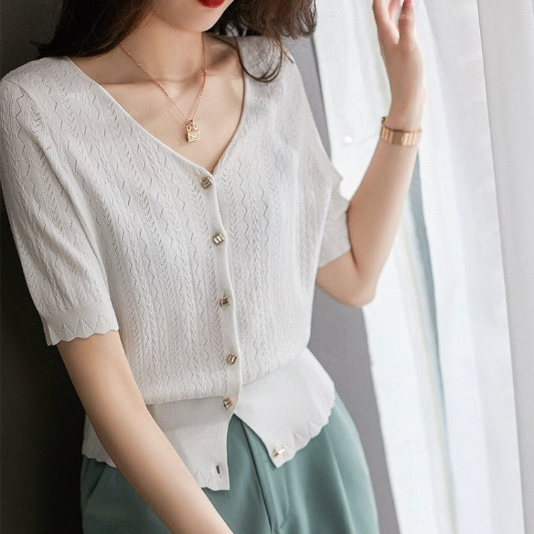 V-Neck Cutout Short Sleeve Ice Silk Knit T-Shirt