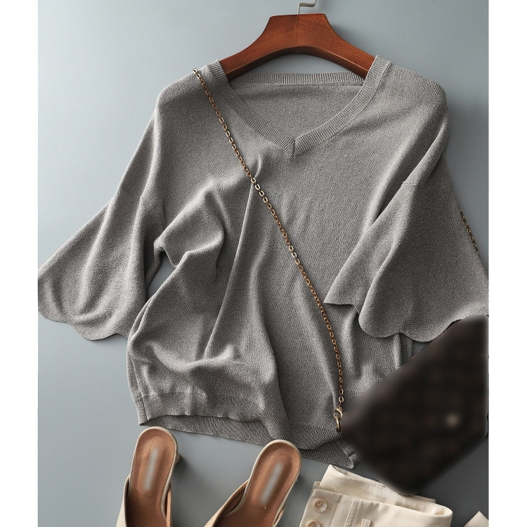 Flared Petal Sleeve V-Neck Knit T-Shirt (As Show)