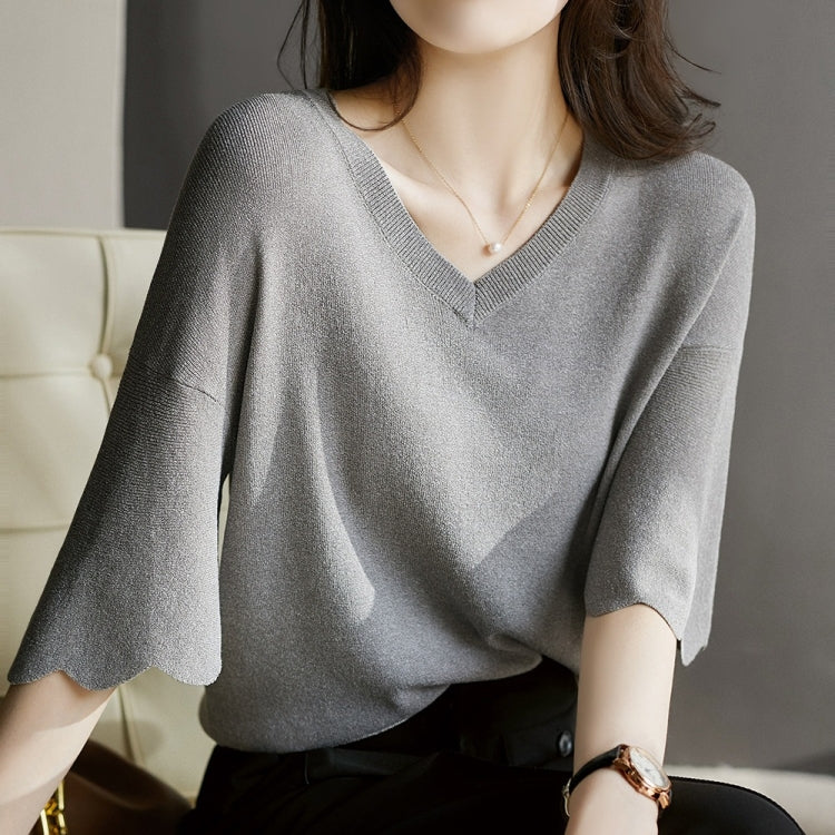 Flared Petal Sleeve V-Neck Knit T-Shirt (As Show)