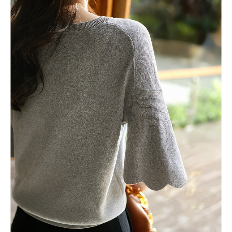 Flared Petal Sleeve V-Neck Knit T-Shirt (As Show)