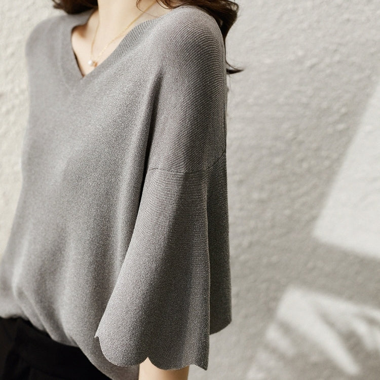 Flared Petal Sleeve V-Neck Knit T-Shirt (As Show)