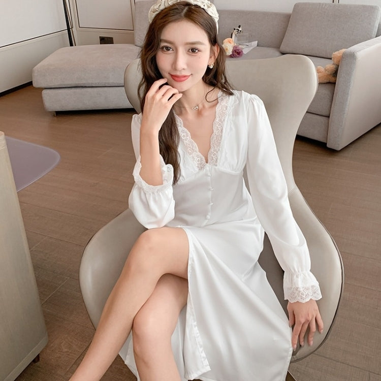 Spring Autumn Silk Long Sleeve Long Nightdress With Chest Pad & Buttons For Ladies