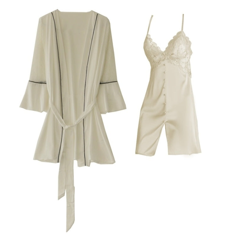 2 in 1 Spring Summer Lace Sling Nightdress with Chest Pad & Buttons + Nightgown Set for Ladies