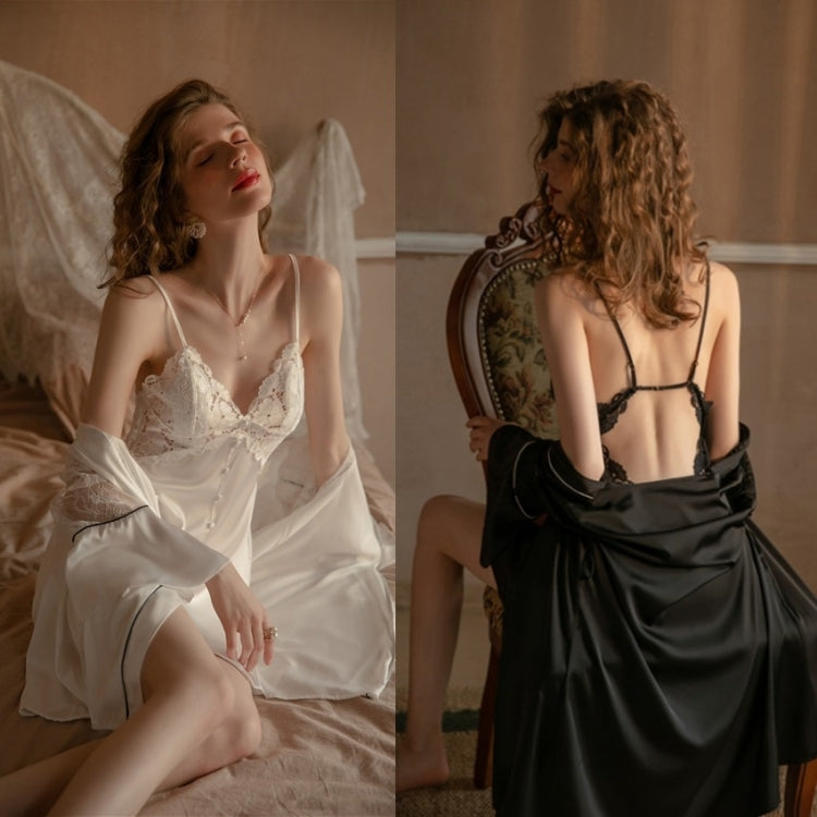 2 in 1 Spring Summer Lace Sling Nightdress with Chest Pad & Buttons + Nightgown Set for Ladies