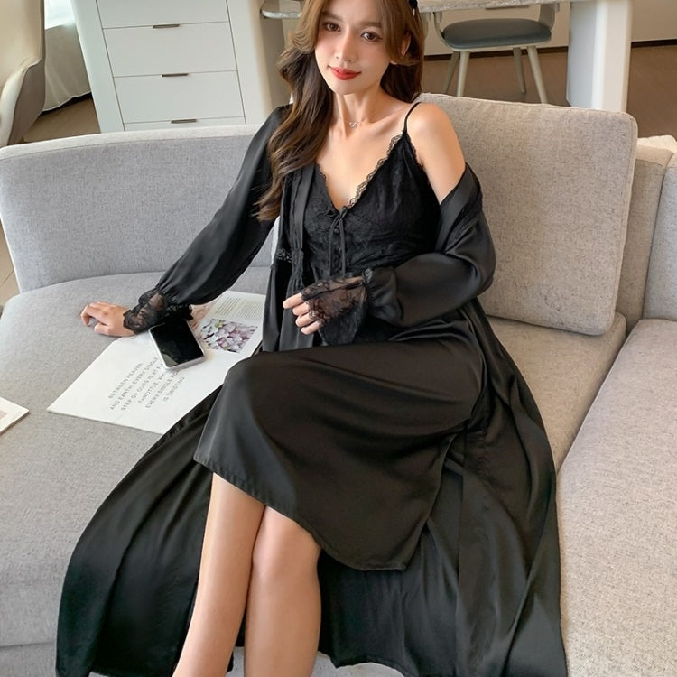 2 in 1 Spring Summer Ice Silk Long Sling Nightdress + Nightgown Set for Ladies