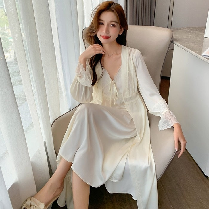 2 in 1 Spring Summer Ice Silk Long Sling Nightdress + Nightgown Set for Ladies