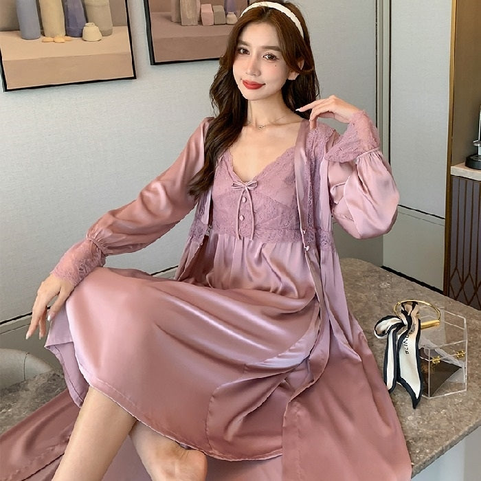 2 in 1 Spring Summer Ice Silk Long Sling Nightdress + Nightgown Set for Ladies