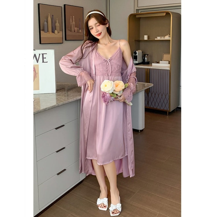 2 in 1 Spring Summer Ice Silk Long Sling Nightdress + Nightgown Set for Ladies