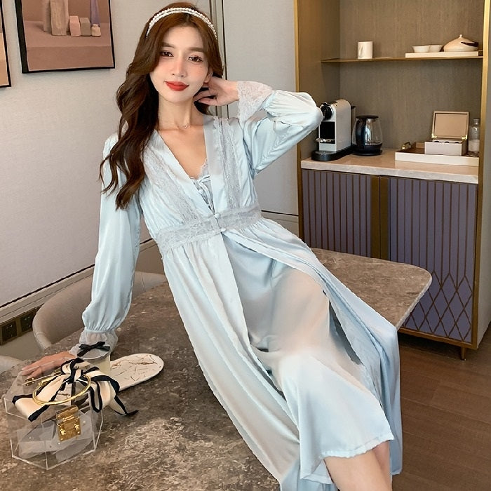 2 in 1 Spring Summer Ice Silk Long Sling Nightdress + Nightgown Set for Ladies