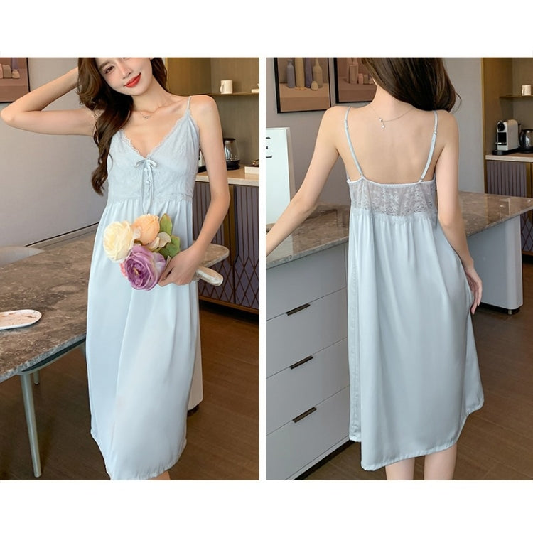 2 in 1 Spring Summer Ice Silk Long Sling Nightdress + Nightgown Set for Ladies