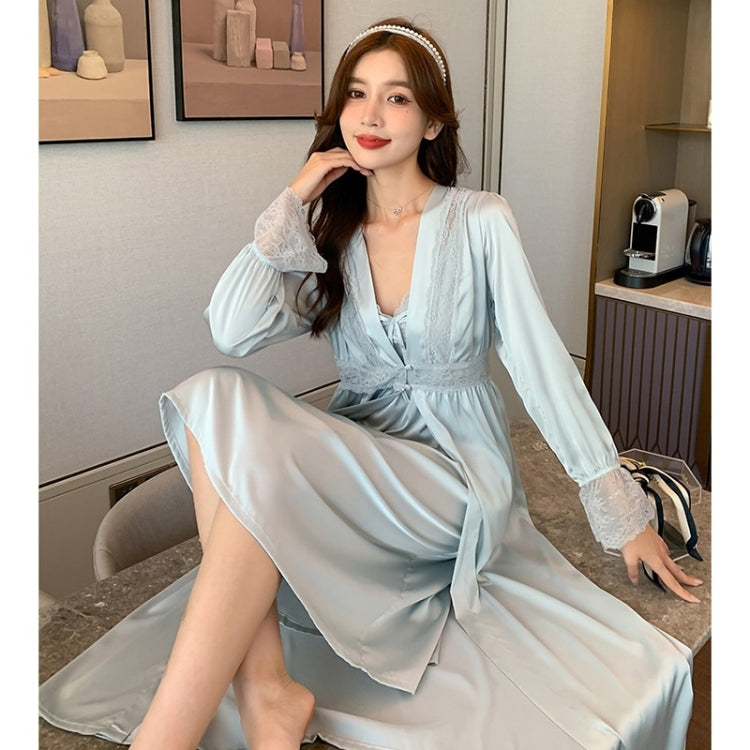 2 in 1 Spring Summer Ice Silk Long Sling Nightdress + Nightgown Set for Ladies
