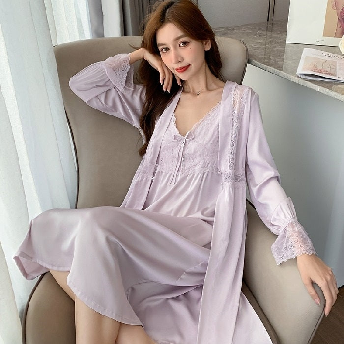 2 in 1 Spring Summer Ice Silk Long Sling Nightdress + Nightgown Set for Ladies