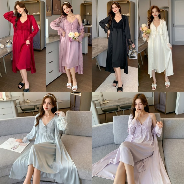 2 in 1 Spring Summer Ice Silk Long Sling Nightdress + Nightgown Set for Ladies