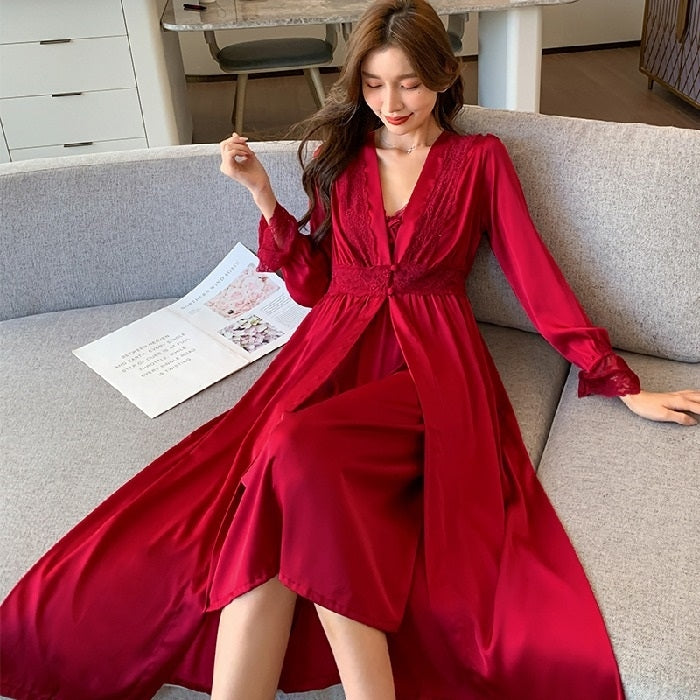 2 in 1 Spring Summer Ice Silk Long Sling Nightdress + Nightgown Set for Ladies