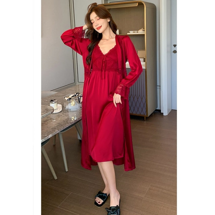 2 in 1 Spring Summer Ice Silk Long Sling Nightdress + Nightgown Set for Ladies