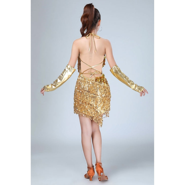 Fringe Sling Latin Dance Dress Competition Performance Suit with Gloves & Separate Bottoms