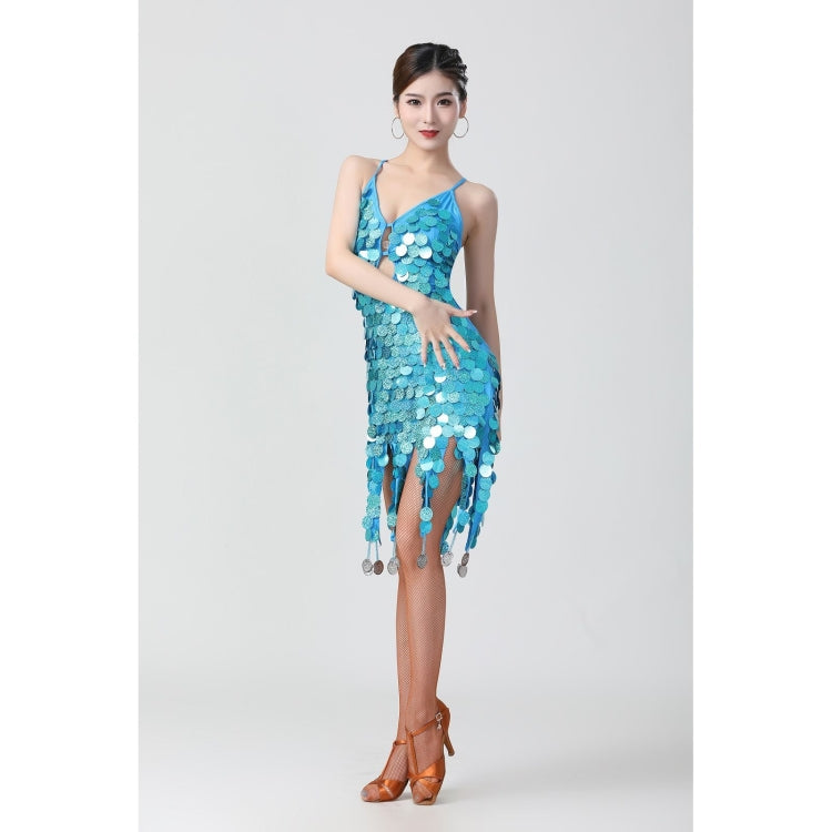 Sling Sequin Deep V Latin Dance Dress Competition Performance Costume