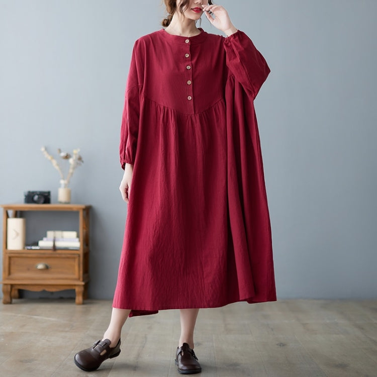 Cotton Linen Short Sleeve Vintage Loose Dress Long Robe For Ladies (Color:Red Size:Free Size)
