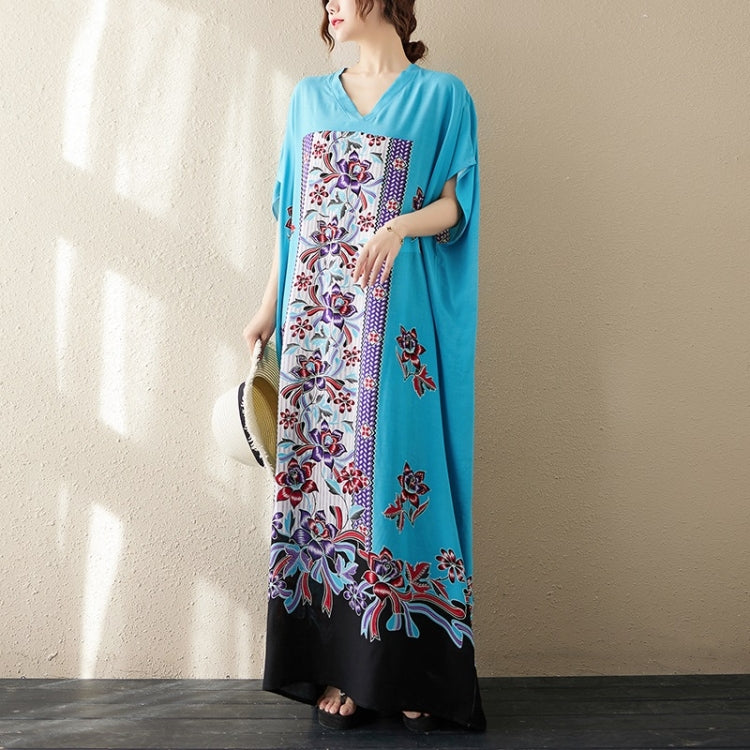 Summer V-Neck Extra Long Loose Cotton Embroidered Gown For Ladies (Blue)