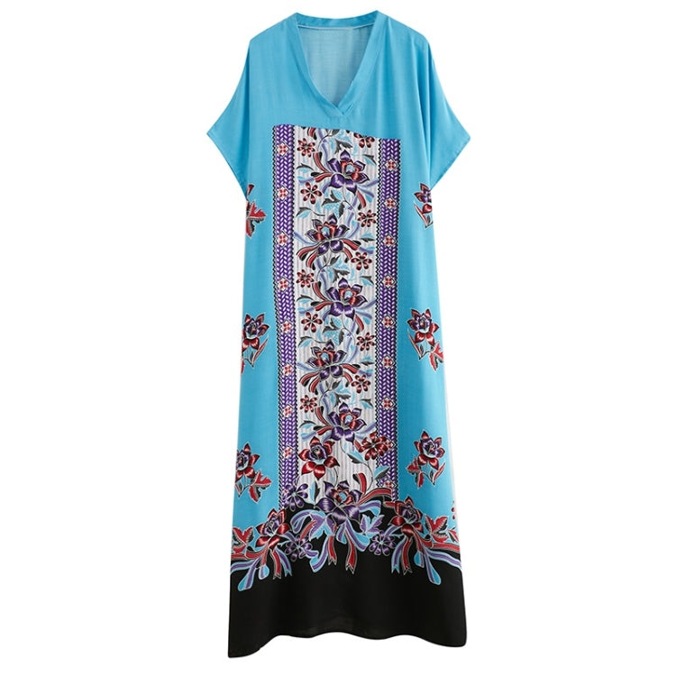 Summer V-Neck Extra Long Loose Cotton Embroidered Gown For Ladies (Blue)