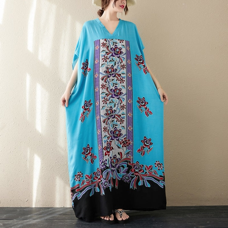 Summer V-Neck Extra Long Loose Cotton Embroidered Gown For Ladies (Blue)