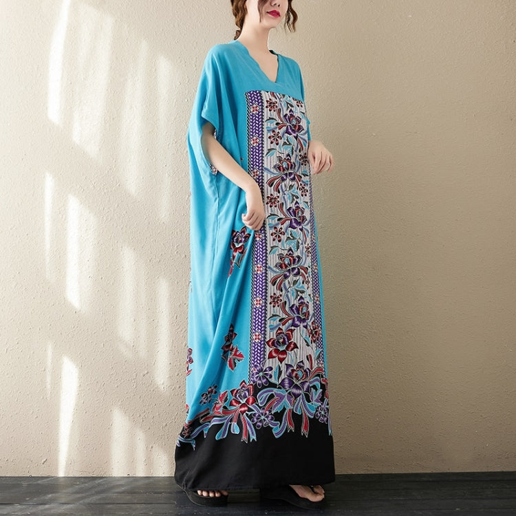Summer V-Neck Extra Long Loose Cotton Embroidered Gown For Ladies (Blue)