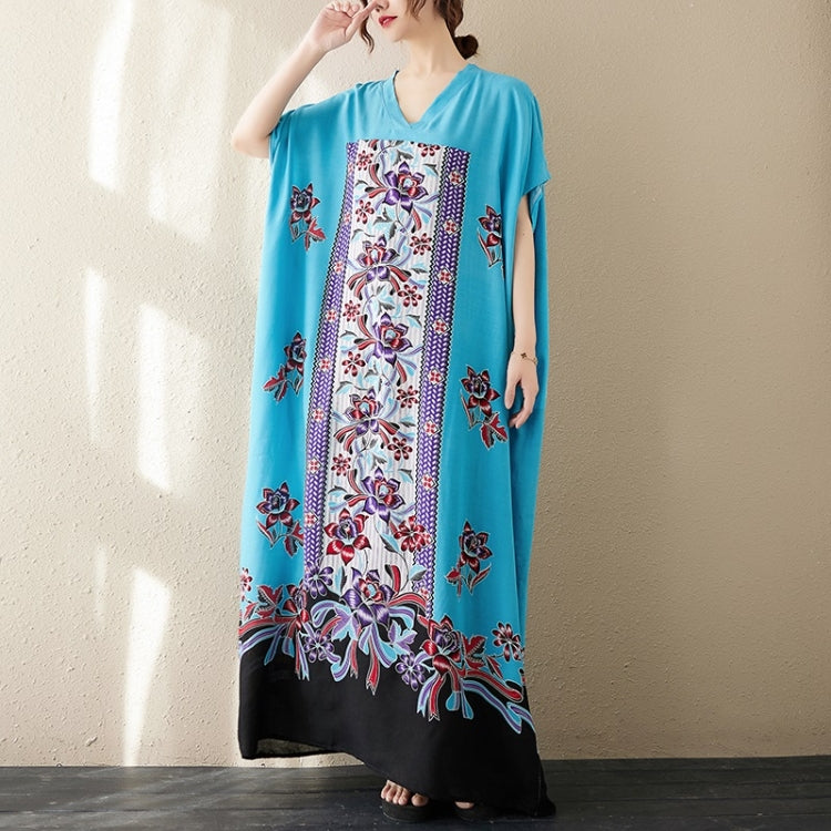 Summer V-Neck Extra Long Loose Cotton Embroidered Gown For Ladies (Blue)