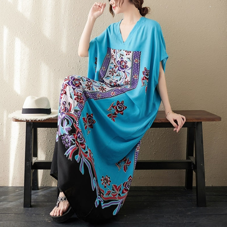 Summer V-Neck Extra Long Loose Cotton Embroidered Gown For Ladies (Blue)