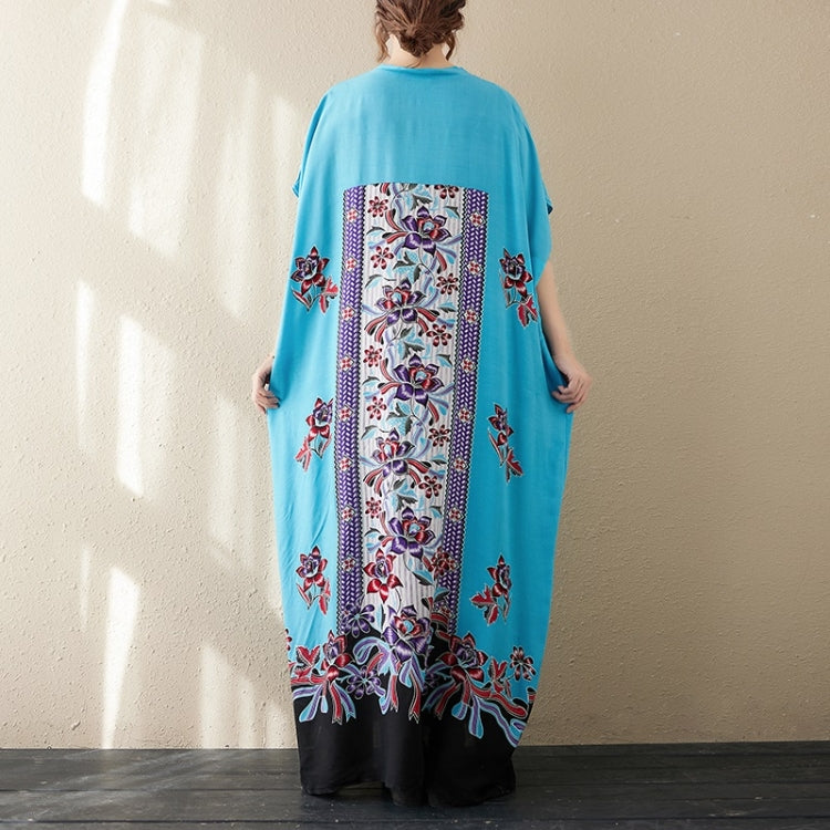 Summer V-Neck Extra Long Loose Cotton Embroidered Gown For Ladies (Blue)