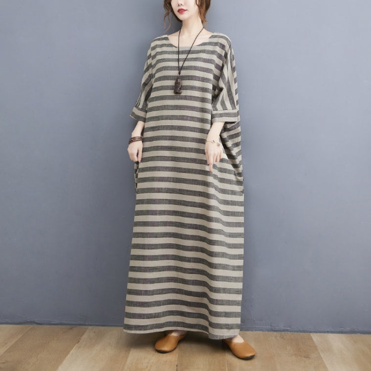 Summer Vintage Ramie Round Collar Loose Striped Robe For Ladies