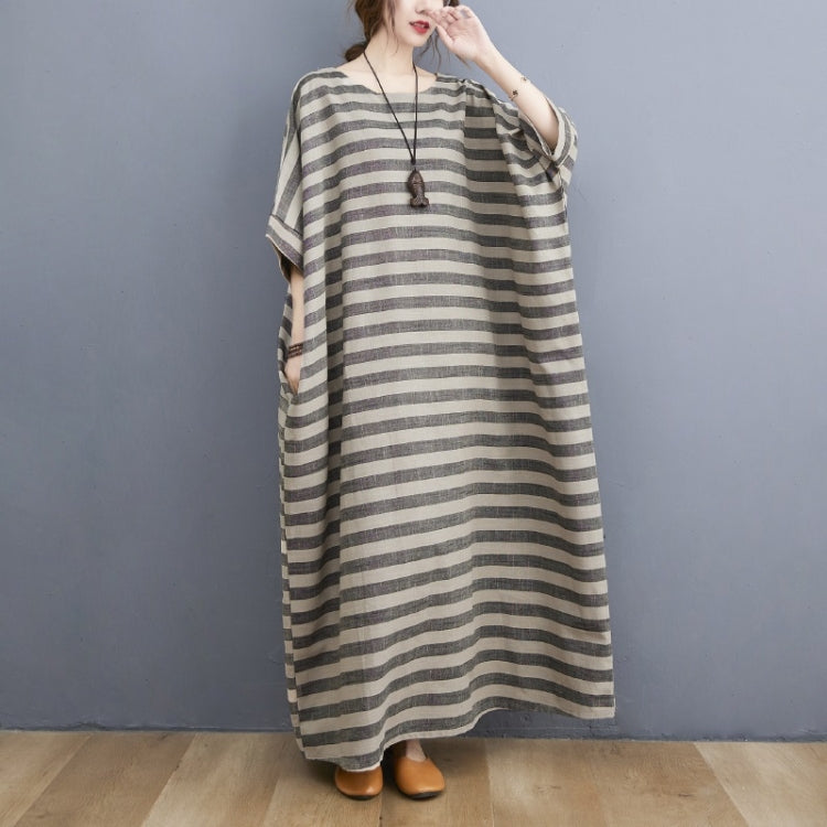 Summer Vintage Ramie Round Collar Loose Striped Robe For Ladies
