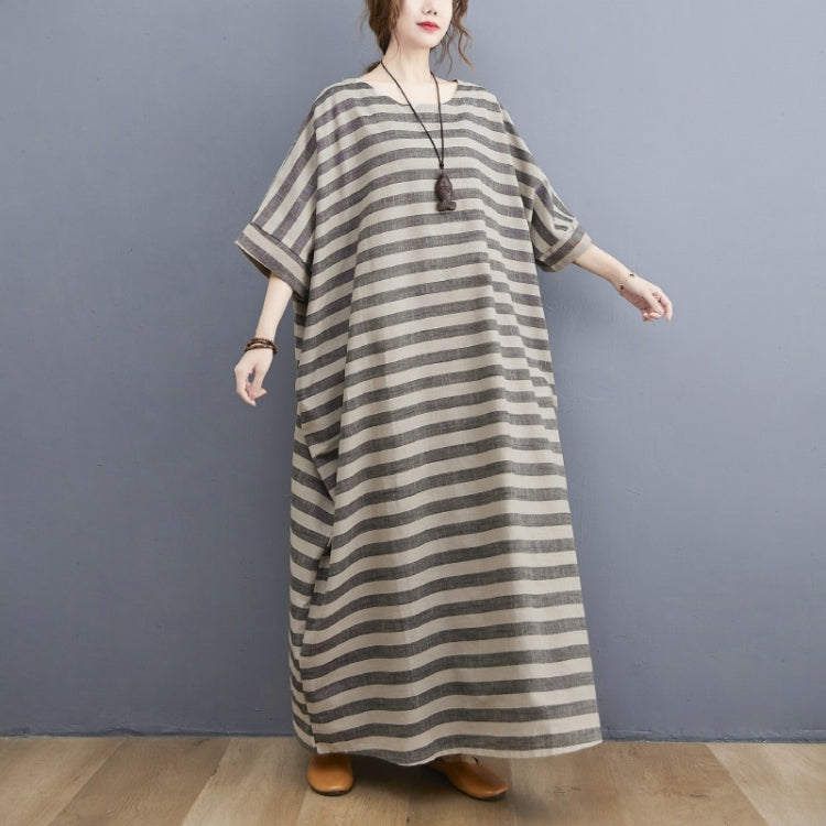 Summer Vintage Ramie Round Collar Loose Striped Robe For Ladies