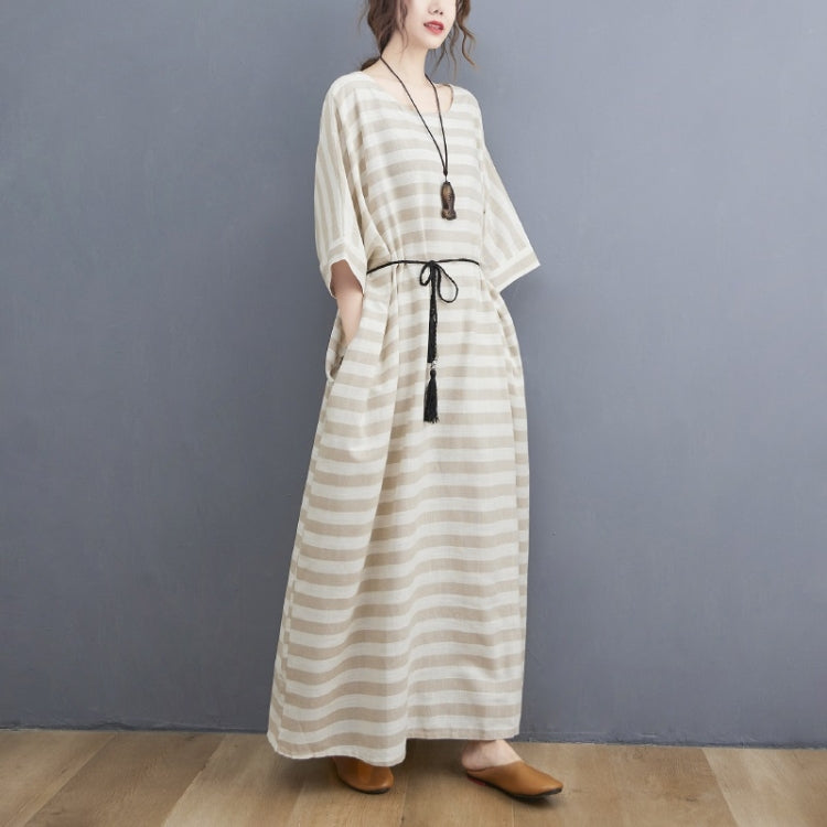 Summer Vintage Ramie Round Collar Loose Striped Robe For Ladies