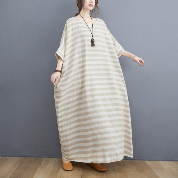 Summer Vintage Ramie Round Collar Loose Striped Robe For Ladies