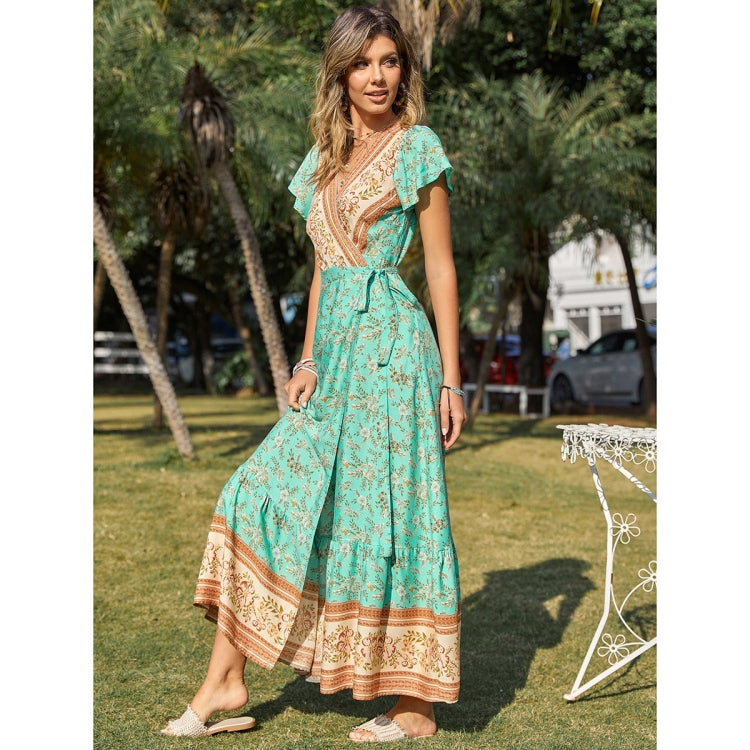 Floral Print V-Neck Short Sleeve Beach Party Dress